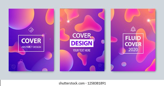 Vector set of modern abstract fluid covers set. Cool gradient liquid shapes composition, space. Futuristic design. Purple, red