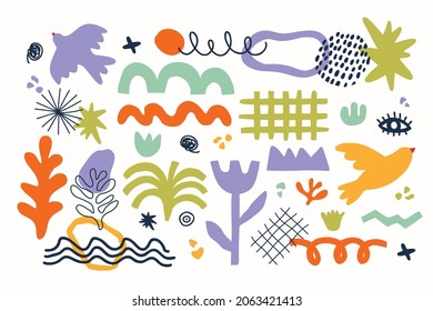 Vector set of modern abstract geometric shapes in aesthetic Matisse art style. Creative hand drawn contemporary doodle elements: flowers, plants, birds, zigzag, lines, for fashion, print, posters