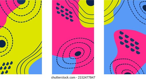 Vektorset mit modernen abstrakten Sommerhintergründen.Modische, helle Vorlagen für Geschichten in sozialen Netzwerken Wallpaper, Banner, Poster, Cover.Hintergrunddesign für soziale Netzwerke.