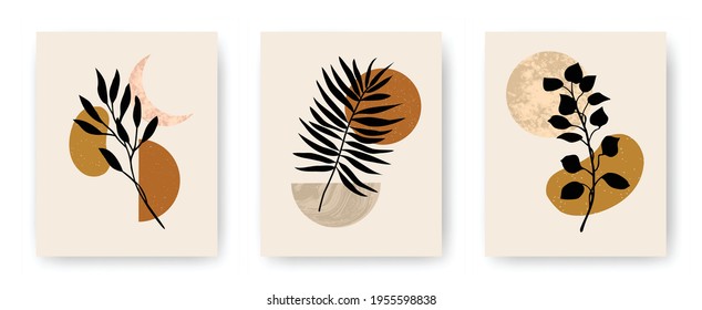 Vector set of modern aesthetic posters with abstract geometric stone textured shapes and plants. Contemporary boho art backgrounds in mid century style for print, home and wall decor, invitations