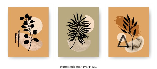 Vector set of modern aesthetic posters with abstract geometric stone textured shapes and plants. Contemporary boho art backgrounds in mid century style for print, home and wall decor, invitations