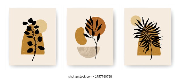 Vector set of modern aesthetic posters with abstract geometric stone textured shapes and plants. Contemporary boho art backgrounds in mid century style for print, home and wall decor, invitations