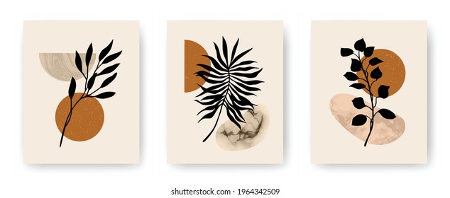 Vector set of modern aesthetic posters with abstract geometric stone textured shapes and plants. Contemporary boho art backgrounds in mid century style for print, home and wall decor, invitations