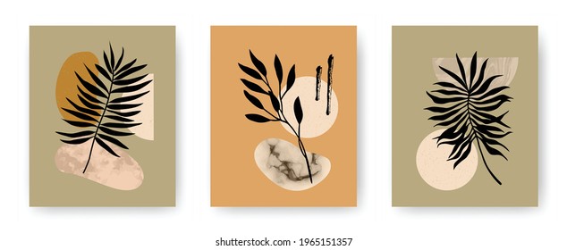 Conjunto de vectores de afiches estéticos modernos con formas y plantas de textura de piedra geométrica abstracta. Antecedentes de arte boho contemporáneo al estilo de mediados de siglo para la impresión, decoración doméstica y de pared, invitaciones