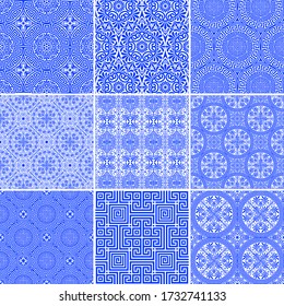 Vector set of modern and ancient traditional seamless greek patterns. Blue ethnic endless ornament for print, design, decoration of fabric, wallpaper, greeting, invitation, card, menu, bedding, shawl