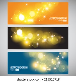 Vector set of modern banners with glittering stars on bokeh.