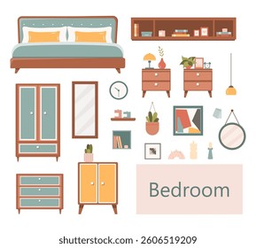Vector set of modern bedroom furniture in flat design. Cozy bed, nightstand, lamp, wardrobe, mirror,  and decorative items. Minimalist and stylish interior elements for home and apartment decor.