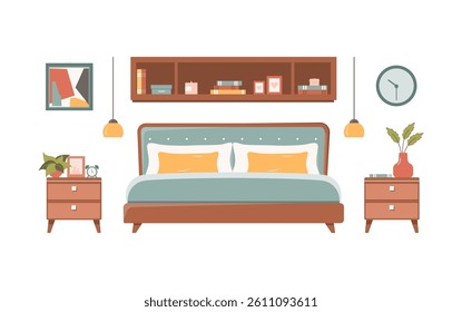 Vector set of modern bedroom furniture in flat design. Cozy bed, nightstand, lamp, wardrobe, mirror,  and decorative items. Minimalist and stylish interior elements for home and apartment decor.
