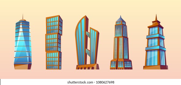 Vector set of modern buildings in cartoon style. Urban skyscrapers, town exterior. Business residential construction. Architecture, cityscape concept