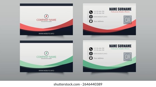 Vector set of modern business card templates with minimalist layout in orange and green tones. Suitable for professional or corporate branding.