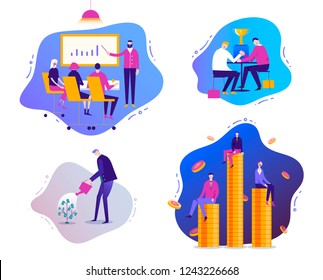 Vector set of modern business illustrations with liquid background. Trendy style. Business training, money growth, compatition, financial growh