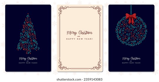 Vector set of modern cards for congratulations on the Christmas holidays. Winter Holiday cards