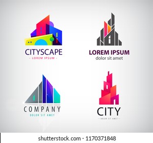 Vector set of modern city logos, business uilding signs, cityscape, skyscrapers. 