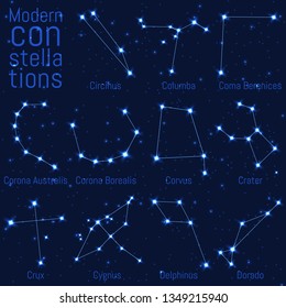 vector set of modern constellations. bright stars and lines on a starry sky. realistic image of celestial bodies. Columba, Coma Berenices, Corona Australis, Corona Borealis, Corvus, Crater, Crux,