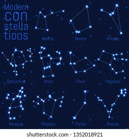 conjunto vectorial de constelaciones modernas. estrellas brillantes y líneas en cielo estrellado. imagen realista de los cuerpos celestes. Musca, Norma, Octans, Ophiuchus, Orion, Pavo, Pegasus, Perseus, Phoenix, Pictor, Pisces