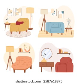 Vector set with modern cozy interior design