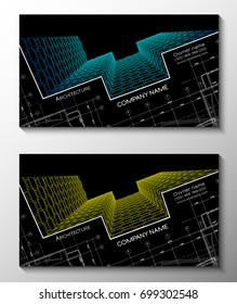 Vector set of modern creative business cards for architect. 3D architectural background for banner, booklet, poster.