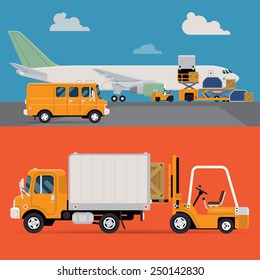 Vector set of modern creative detailed visuals on delivery and shipping logistics service in business and industry with freight cargo airplane loading, forklift loader, local shipment truck and van