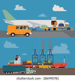 Vector set of modern creative detailed visuals on delivery and shipping logistics service in business and industry with freight cargo airplane loading and container ship at port unloading