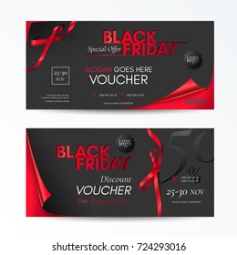 Vector set of modern discount vouchers for black friday sale with curved corners, red small bows and ribbons. Template for gift cards, coupons and certificates. Isolated from the background.