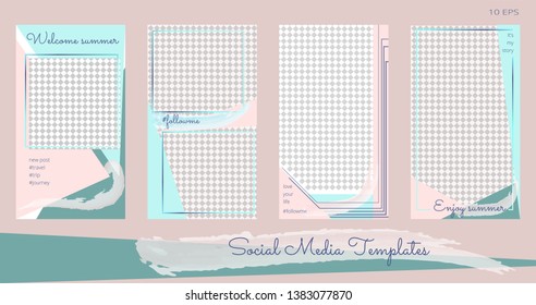 Vector set of modern editable stories template for blog post. Summer style in light blue and rose colors. Cover design for social media, story, flyers, card. Elegant backgrounds with abstract pattern