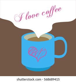 vector set of modern elements: I love coffee inscription and a cup of espresso. Plus card. A cup of coffee reading a banner, flat style, logo template, design element, a circle drawn on the heart