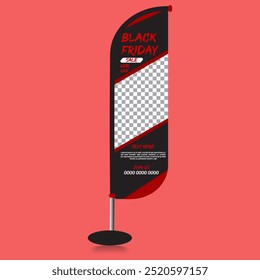 Vector set of modern Feather flag Banner design with Black Friday sale inscription design template, marketing price tag, discount, advertising, explosion. Brochure for exhibition, fair, black and red.