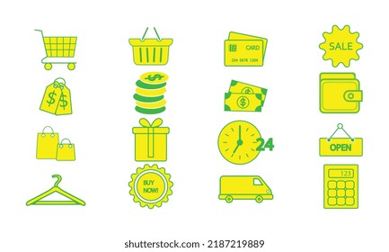 Vektorset von modernen flachen und bunten Shopping-Icons.