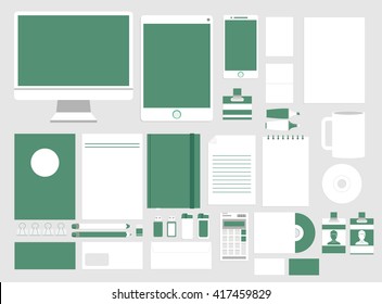 Vector set in modern flat design of corporate style branding design with a variety of blank office objects for your presentation. Isolated on light gray background