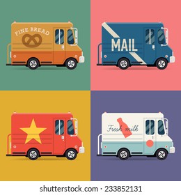 Vector set of modern flat icons on local delivery service vans | Multiple shipping service trucks such as mail truck, bakery truck and milk truck