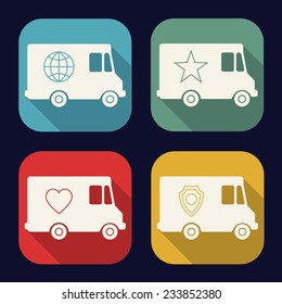 Vector set of modern flat icons on local delivery service van | Set of shipping truck icons with different symbols, long shadow design, rounded corners