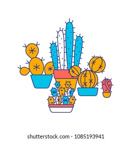 Vector set of modern flat line color icons of cactus and succulents, houseplant and wild cactus collection.