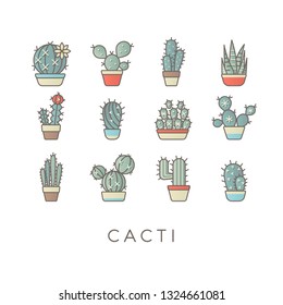 Vector set of modern flat line color icons of cactus and succulents, houseplant and wild cactus collection. Vector illustration white background.
