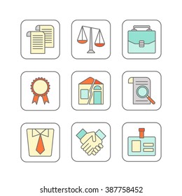 Vector set of modern flat line icons for legal advice, law firm or juristical company includes Themis icons, documents, division of property, etc. Juridical elements isolated on white background. 