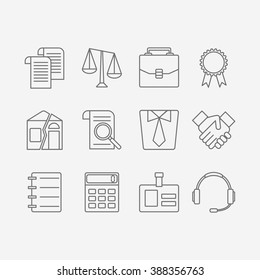 Vector set of modern flat line icons for law firm includes blank icons, tariffs, division of property, etc. Juridical elements isolated on background. 