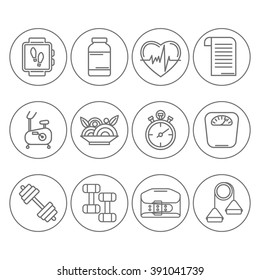 Vector conjunto de iconos modernos de línea plana para el programa de entrenador personal incluye equipos deportivos, objetos para el entrenamiento de gimnasio, culturismo y estilo de vida activo. Elementos de la aptitud aislados en fondo. 