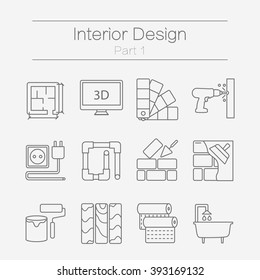 Vector set of modern flat line icons for home improvement website includes objects for finishing works, renovation and building elements . Interior design icons isolated on background part 1. 