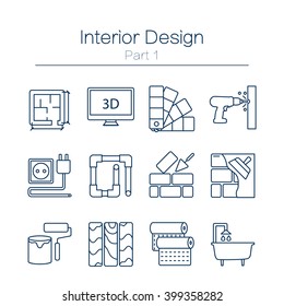 Vector set of modern flat line icons for home improvement website includes objects for finishing works, renovation and building elements . Interior design icons isolated on  white.