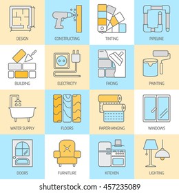 Vector set of modern flat line icons for home improvement website includes objects for finishing works, renovation and building elements . Interior design icons isolated on white.