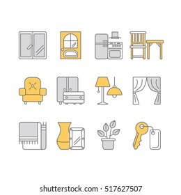 Vector set of modern flat line icons for interior design website includes furniture, decor elements and light design symbols. Interior design items isolated on background.