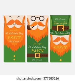 Vector set of modern flat poster design with Saint Patrick's Day symbols -  leprechauns, green hat, red beards. Vector holiday cards and flyer design. 