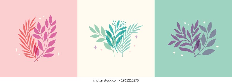 Vector set of modern floral arrangement background. Cute delicate botanical illustration with leaves and plants.