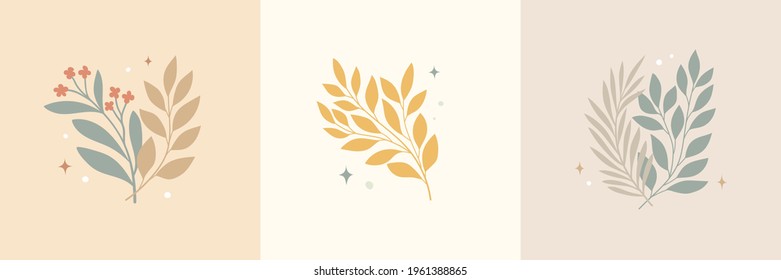 Vector set of modern floral arrangement background. Cute delicate botanical illustration with leaves and plants.