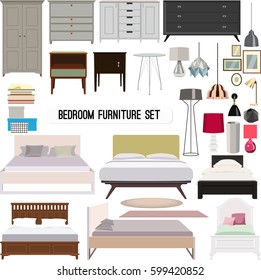 Vector set of modern furniture for bedroom in flat minimalistic design.