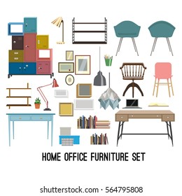 Vector set of modern furniture for home office in flat minimalistic design.