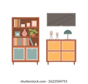 Vector set of modern furniture for living room or bedroom in flat design. Wardrobe, chest of drawers, lamp, decor. Minimalistic and stylish interior elements for house and apartment illustrations.