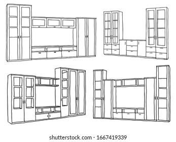 Vector set of modern furniture objects - cupboards, drawn wiht black pen.