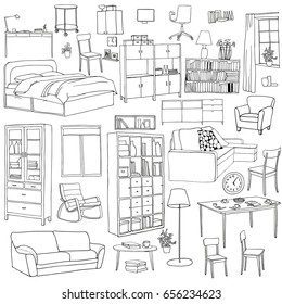 Vector set of modern furniture objects, drawn with black pen. Table, bookshelf, sofa, bed, armchair, cupboard, chairs, desk, window, pots.