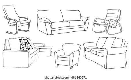 Conjunto vectorial de muebles modernos, dibujado con una pluma negra. Sofá y sillón.