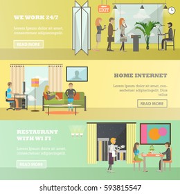 Vector set of modern gadgets concept horizontal banners. We work 24 7, Home internet, Restaurant with Wi Fi design elements in flat style.